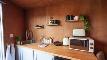 Fridge, microwave, electric kettle, toaster