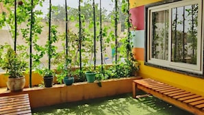 A room with a large window, a green artificial grass floor, and a wooden bench. - THE BLUE DOOR (Bundi)