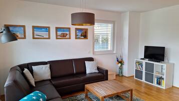 Tv, dvd-spelare, böcker och ett filmbibliotek