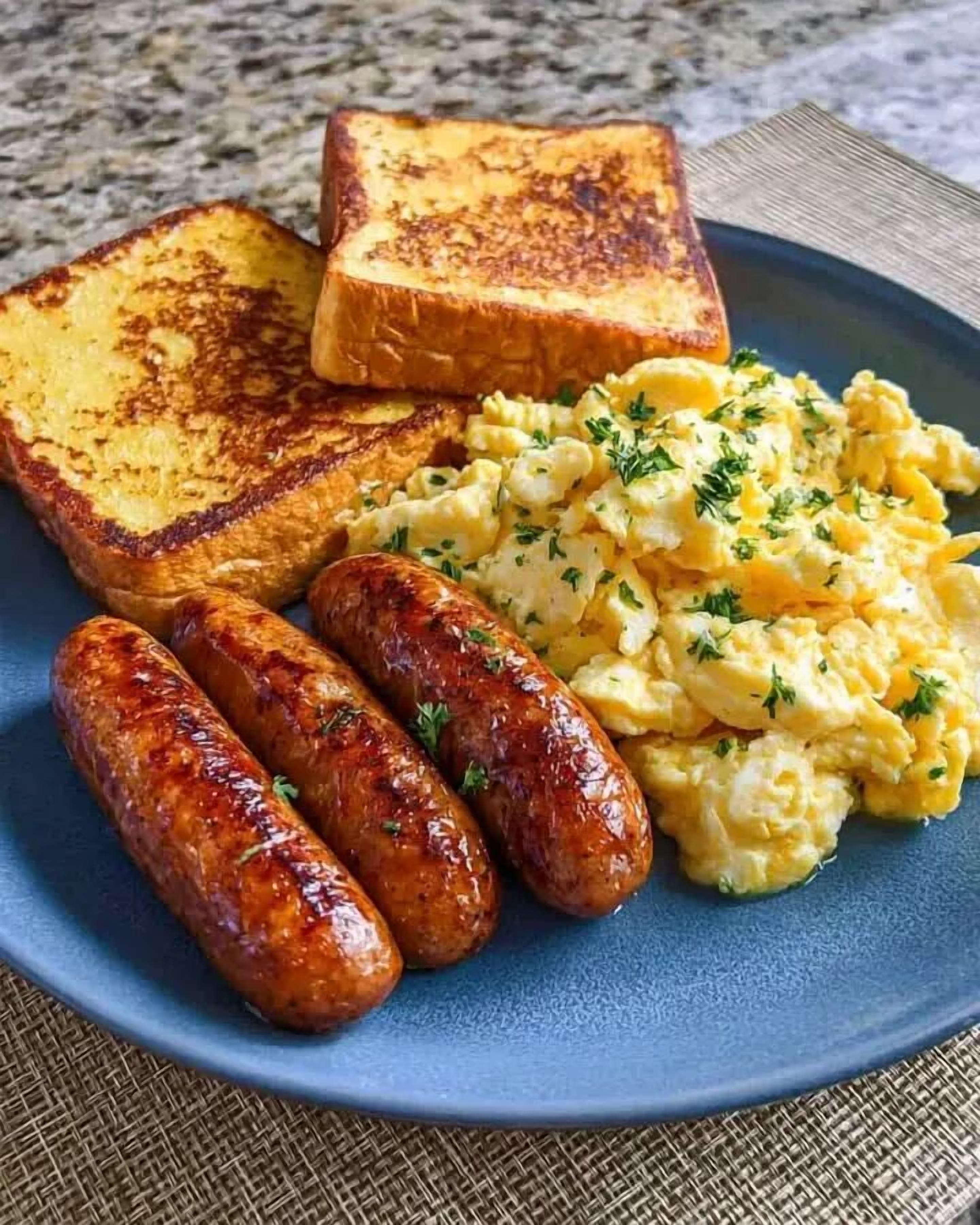 A plate with toast, scrambled eggs, and sausages.