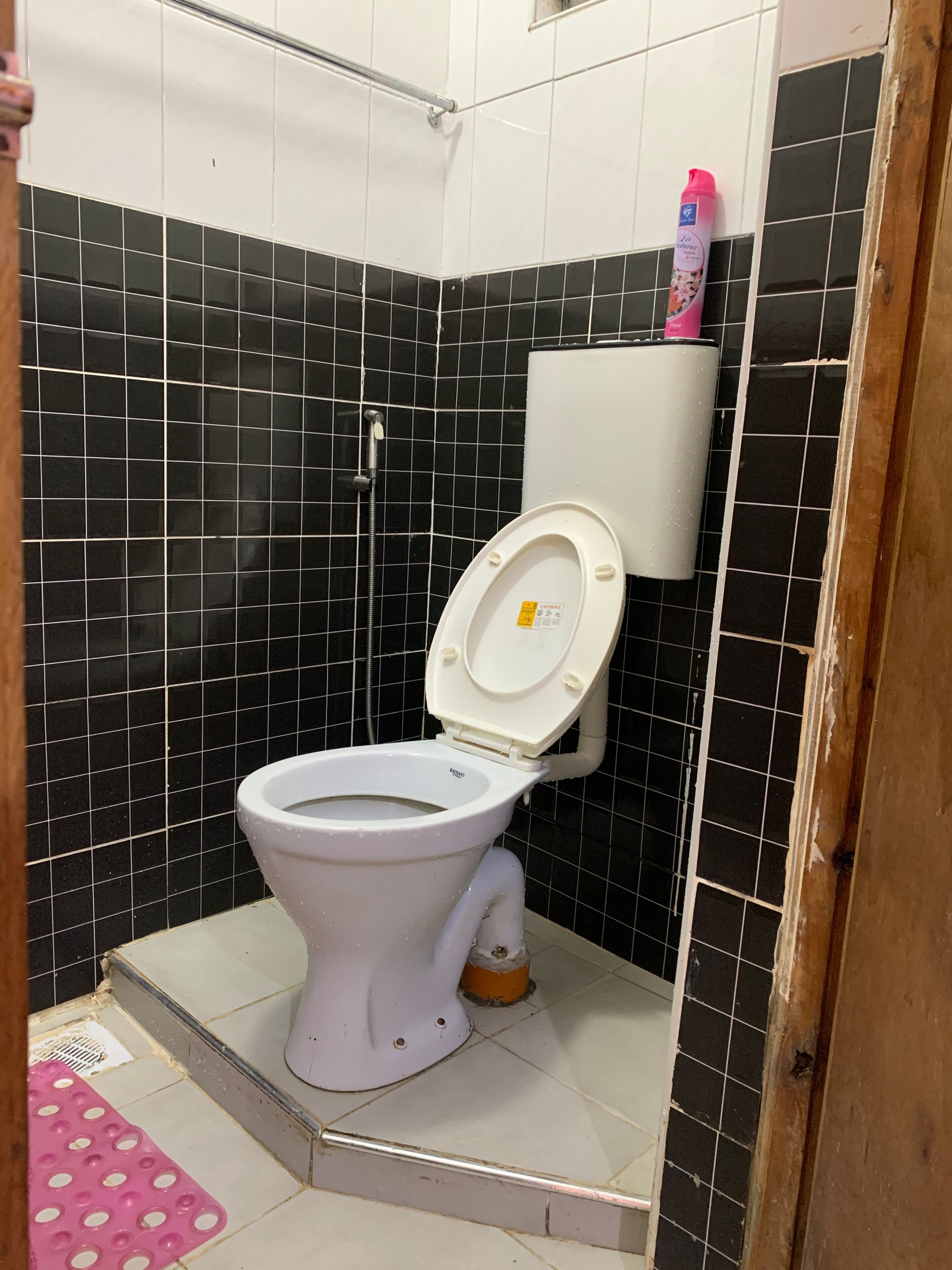 Une salle de bain avec des toilettes blanches, une douche et un tapis rose sur le sol.