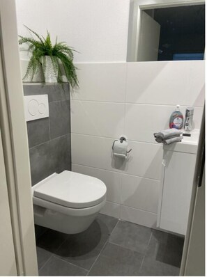 Regadera, toallas, jabón, papel de baño 