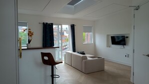 Un salon moderne avec un canapé, un fauteuil, un téléviseur et une fenêtre avec des rideaux.