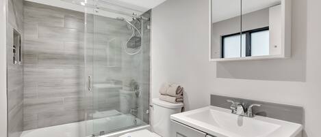 A modern bathroom with a glass-enclosed shower, a white toilet, a sink, and a cabinet.