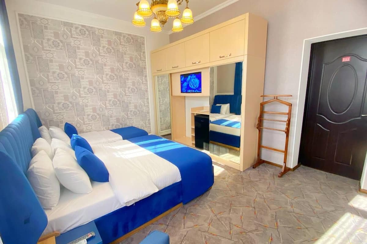 Une chambre avec un grand lit, une télévision, une armoire et un miroir.