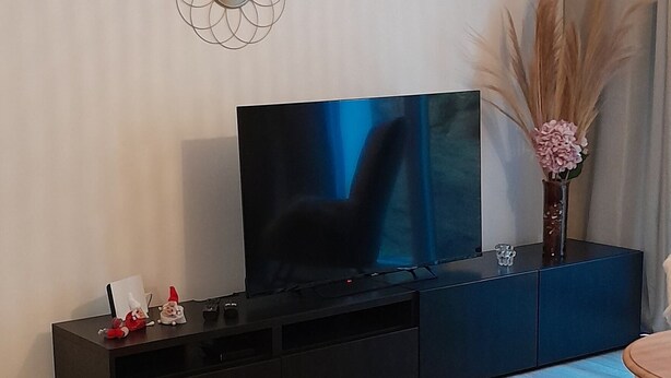 A modern living room with a flat-screen TV on a black entertainment unit, a decorative mirror, and a vase with dried plants. - Appartement Le Marly (Dambach-la-ville)