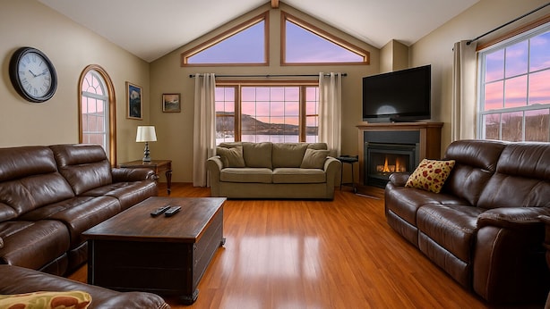 A living room with a high ceiling, a fireplace, a television, and a large window with a view of the sky.