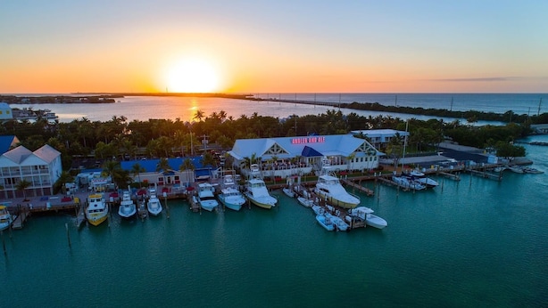 A marina with boats docked, a building labeled 'Anler and Ale', and a sunset in the background.