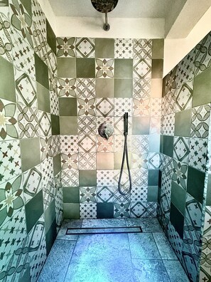 Shower, hair dryer, bidet, towels