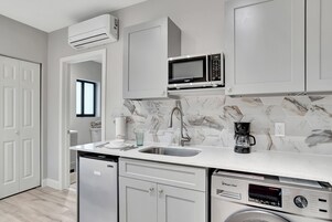 Mini-fridge, microwave, coffee/tea maker, toaster