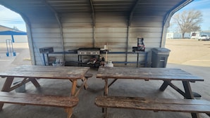 A covered outdoor area with picnic tables and a barbecue grill.
