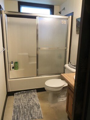 Hair dryer, towels, soap, shampoo