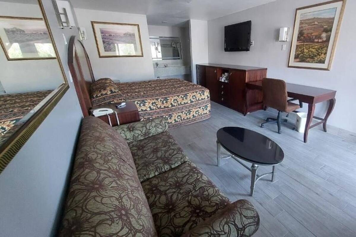 Quarto de hotel com cama, sofá, escrivaninha e televisão.