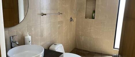Shower, hair dryer, towels, soap