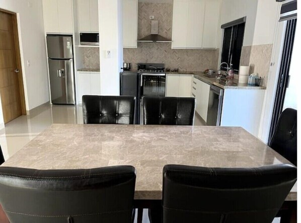 Fridge, microwave, oven, stovetop