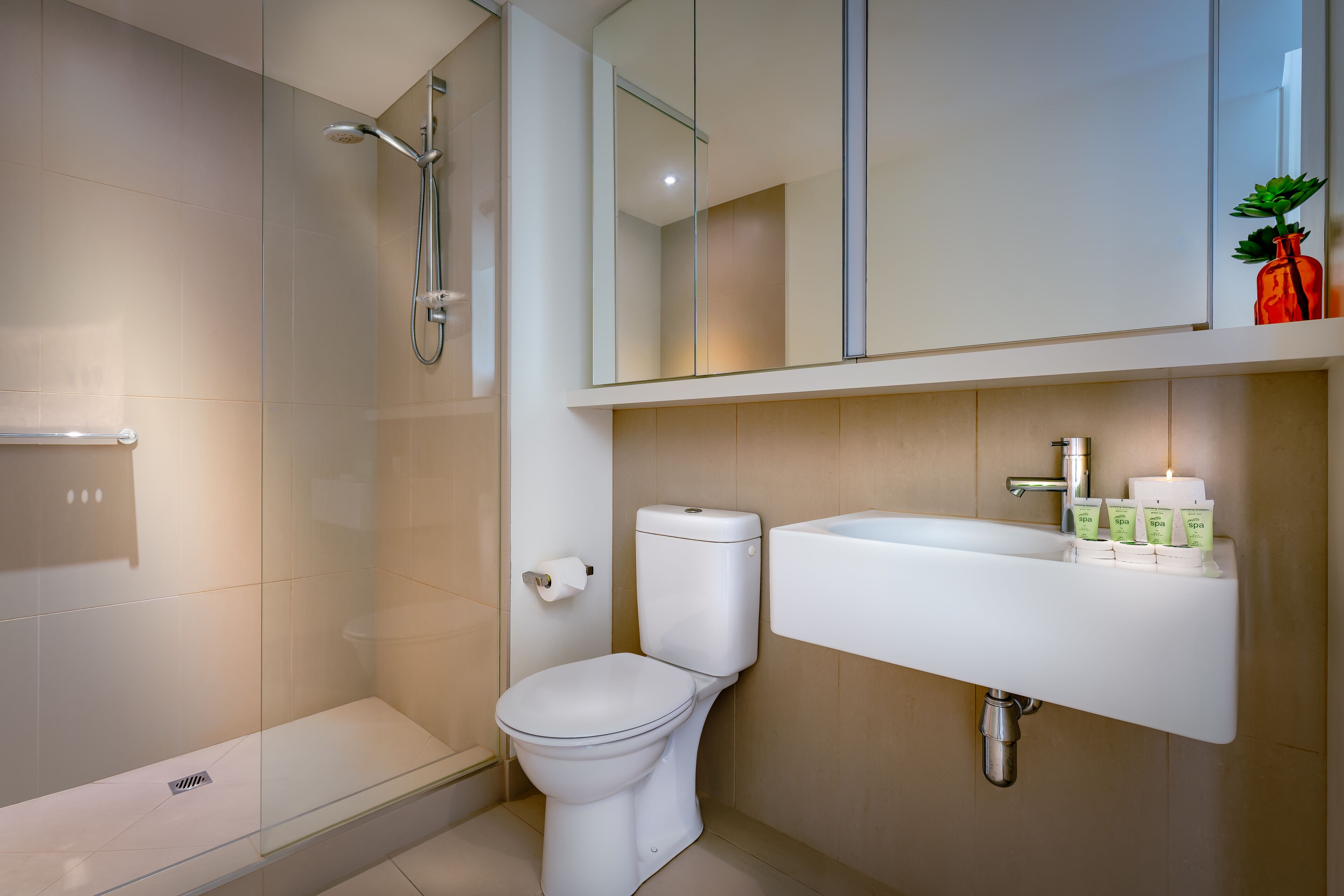 Ein modernes Badezimmer mit einer gläsernen Dusche, einer Toilette und einem Waschbecken mit Wellnessprodukten.