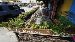 A cafe named "Cafe Brasil" with outdoor seating and a flower planter in front. - VILLA BRASIL MOTEL (Los Angeles)