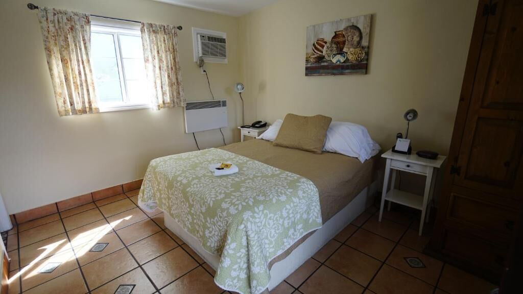 Un dormitorio con cama, mesita de noche, cortinas en la ventana, aire acondicionado y un cuadro en la pared.