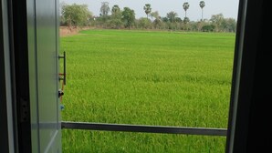 A view from a room with a door leading to a green field, a tiled floor, and a metal railing.