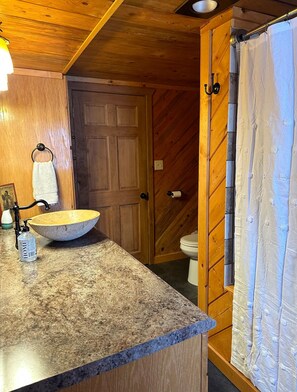 Shower, hair dryer, towels, soap - Log Cabin with Mountains and Lake View, enjoy relaxing in the hot tub (Clam Gulch)