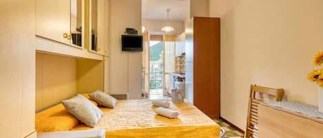 Un dormitorio con cama, escritorio, silla y televisor.