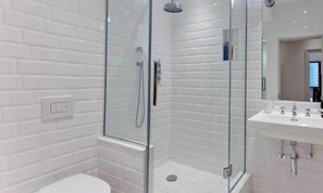 Shower, hair dryer, shampoo