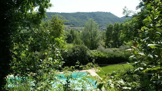 A pool surrounded by lush greenery and a mountain in the background. - Luxurious Bungalow in Garda with Swimming Pool (Garda)