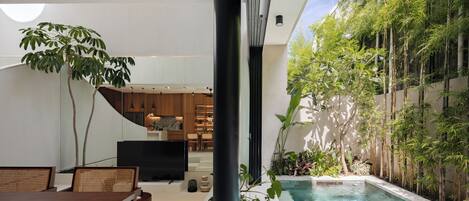 A modern interior with a dining area, a kitchen, and a poolside area with bamboo plants.
