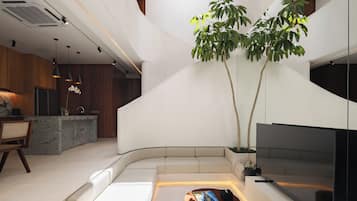Een 75-inch smart-tv met digitale zenders, Netflix en streamingdiensten