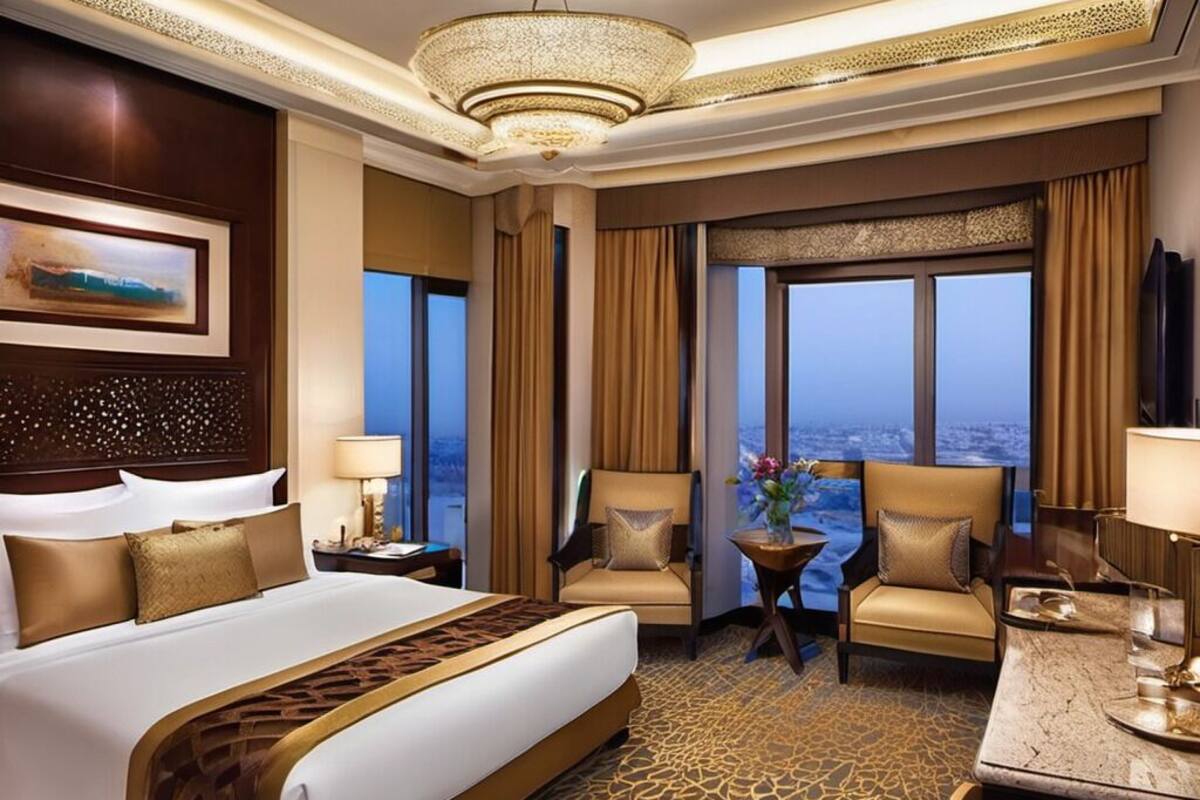 A hotel room with a large bed, a desk, two armchairs, a chandelier, and a city view.