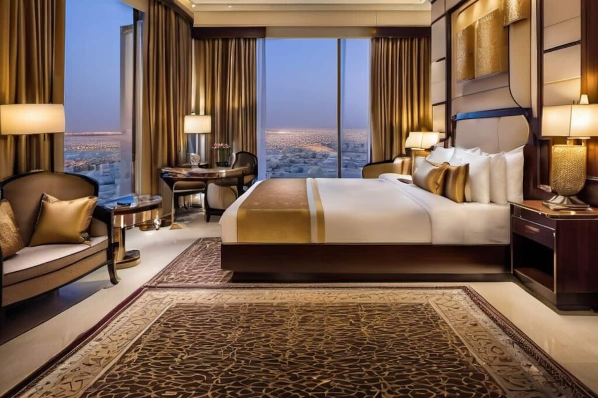 A spacious hotel room with a large bed, a desk, and a view of the cityscape.