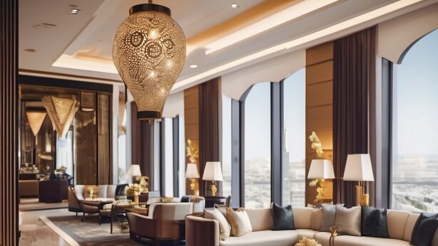 Eine moderne Hotelhalle mit einer Sofagruppe, einem Couchtisch und einer dekorativen Lampe.