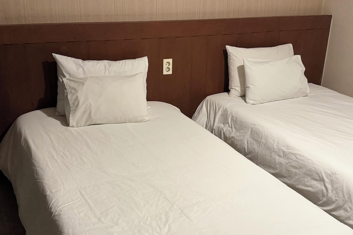 Two single beds with white linens and wooden headboards in a hotel room.
