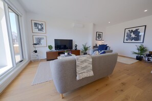 TV connectée, cheminée, livres