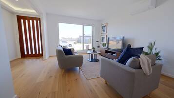 Smart TV, fireplace, books