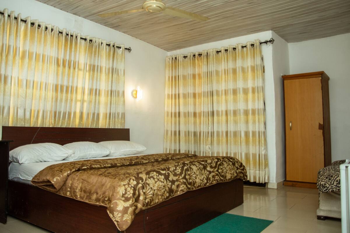 A bedroom with a wooden bed, curtains, a wardrobe, and a green rug.