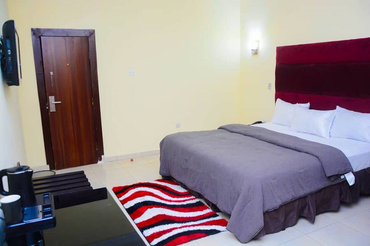A bedroom with a bed, a wooden door, a television, and a striped rug.