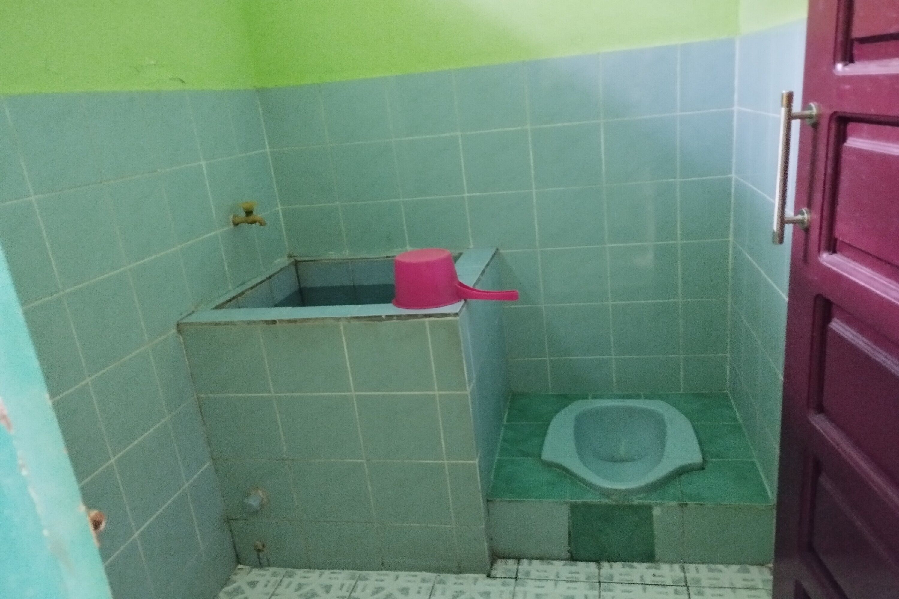 A small bathroom with a toilet, a pink bucket, and a door.