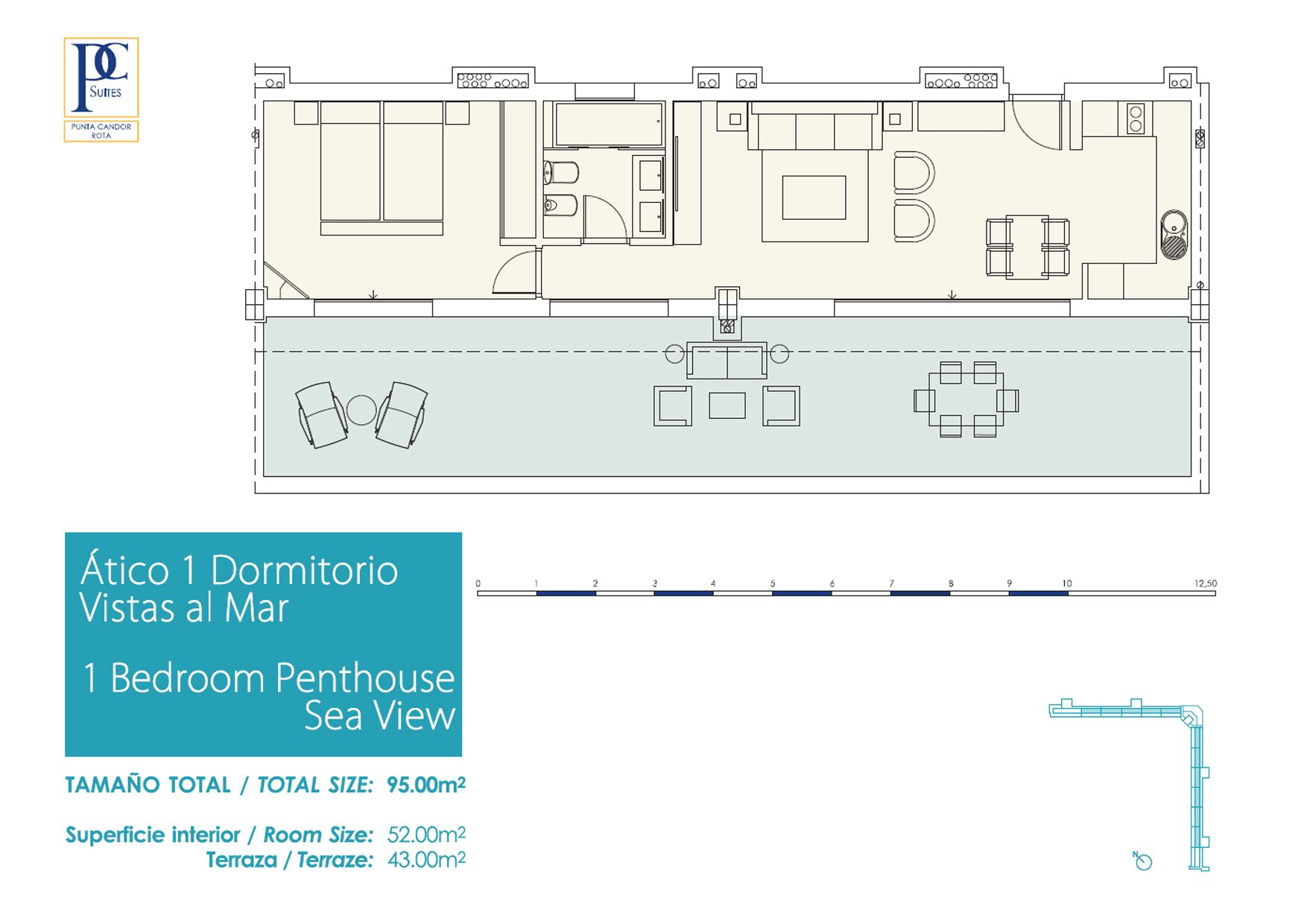 Pianta dei locali di un attico con una camera da letto e vista mare, superficie totale di 95,00m², superficie camere 52,00m² e terrazza di 43,00m².