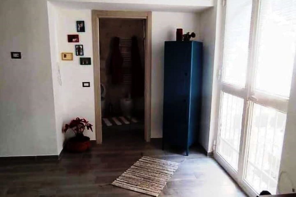 A hallway with a wooden floor, a potted plant, and a blue cabinet.