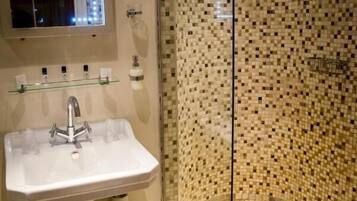 Hair dryer, towels, soap, shampoo