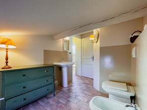 Shower, hair dryer, bidet, towels