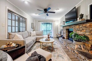 TV, fireplace, foosball, stereo