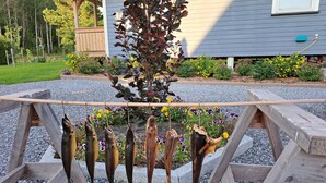 Un étendoir en bois sur lequel sont suspendus des poissons, placé au-dessus d’une zone recouverte de gravier, le tout entouré d’un jardin où poussent différentes plantes et fleurs.