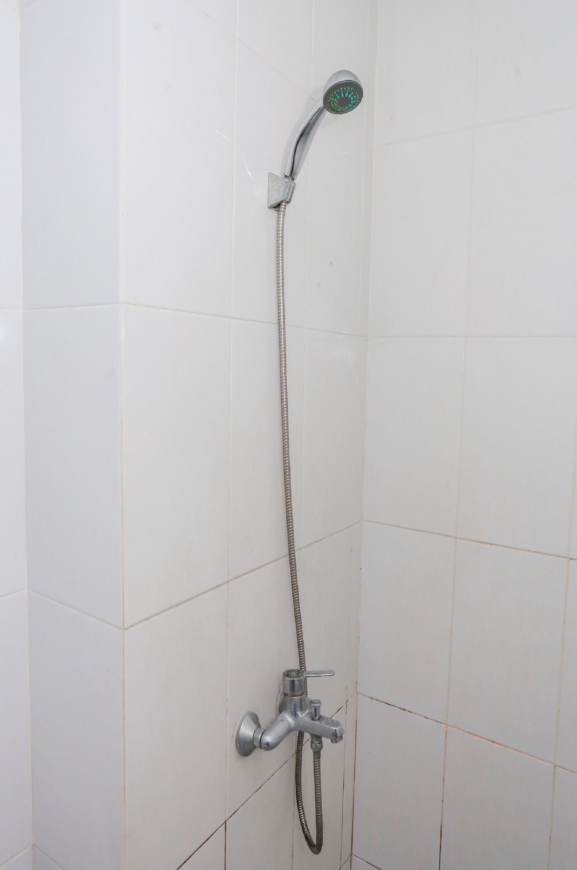 A shower with a handheld showerhead and a fixed wall-mounted faucet.