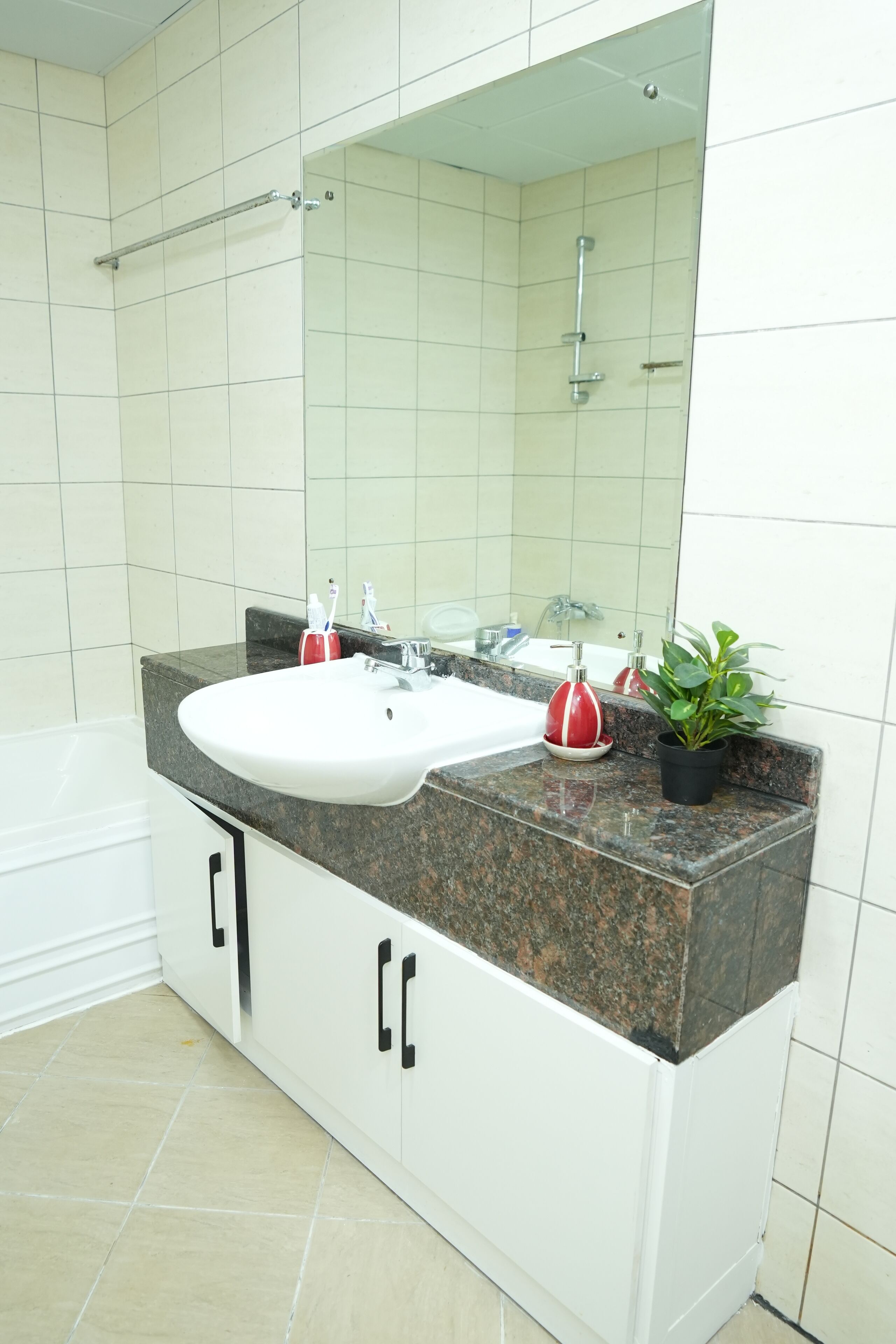 A bathroom with a white sink, a mirror, and a shower.