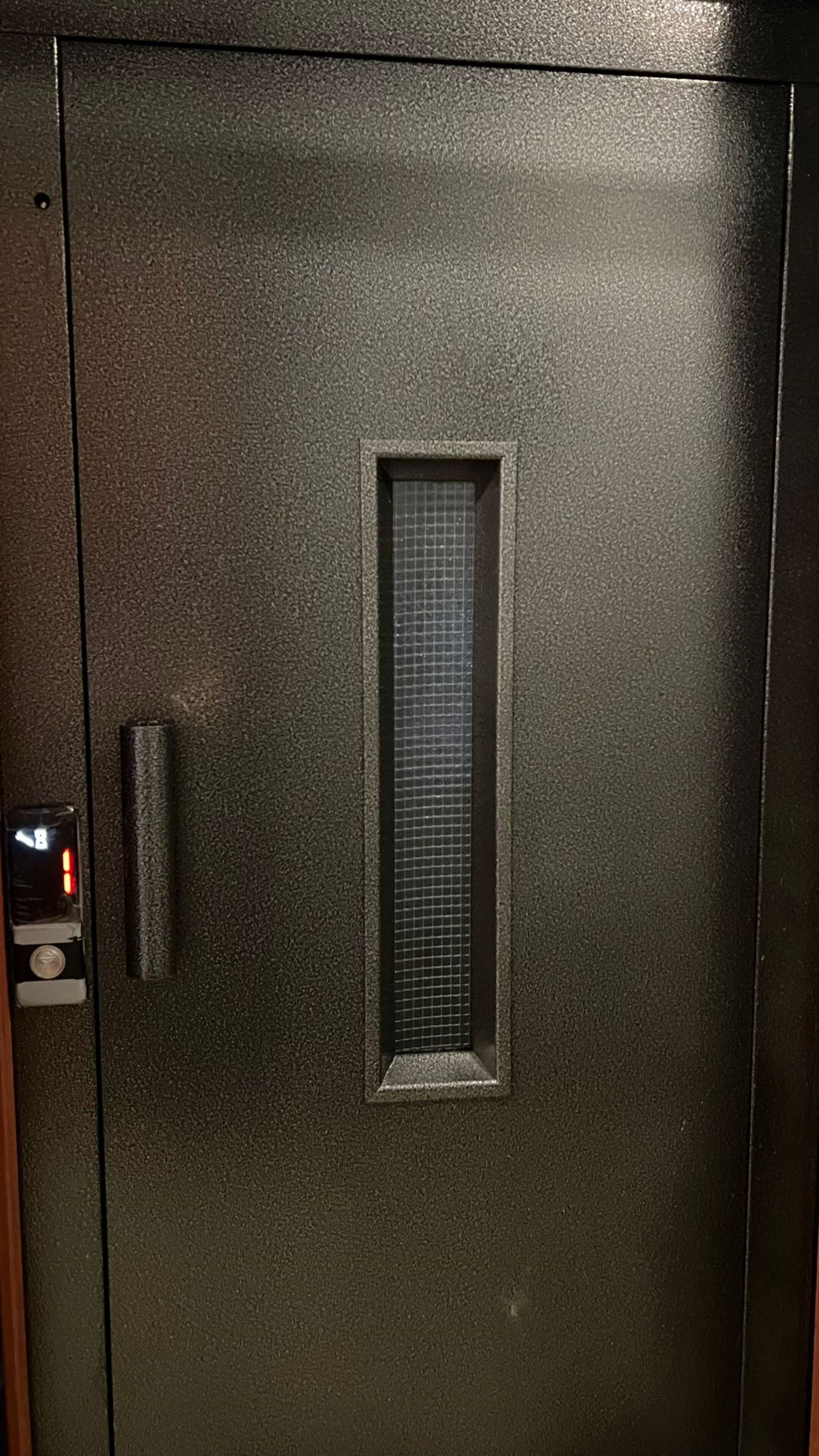 Puerta metálica de ascensor con superficie texturizada y un ventanal rectangular.