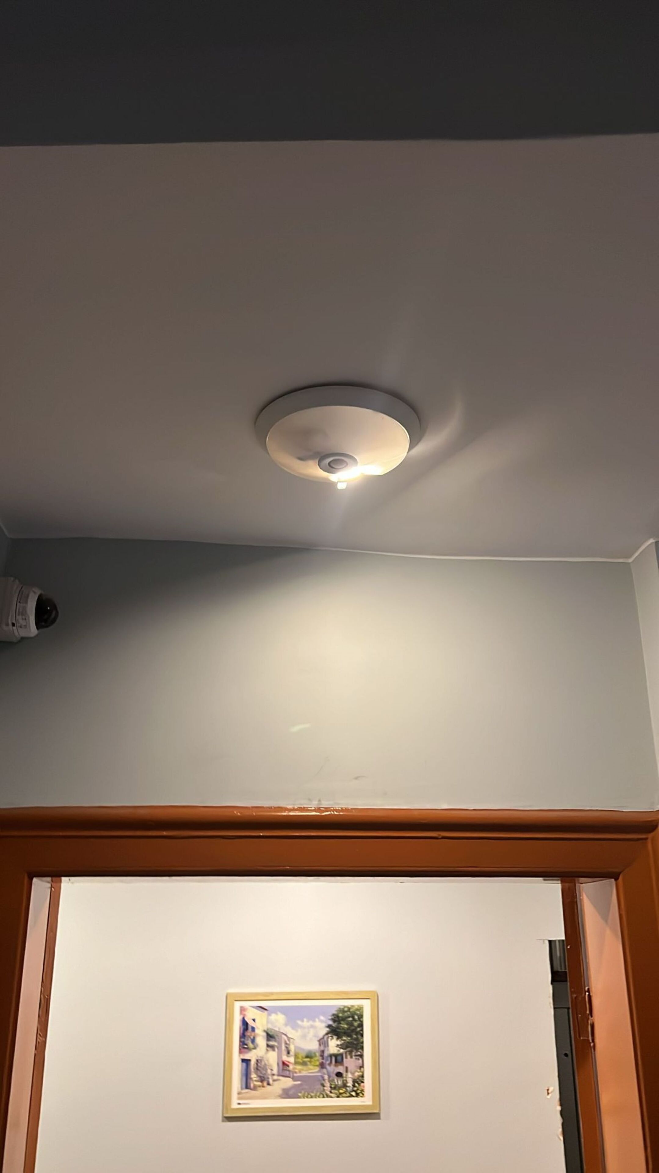 Un techo con detector de humo y cámara de seguridad.