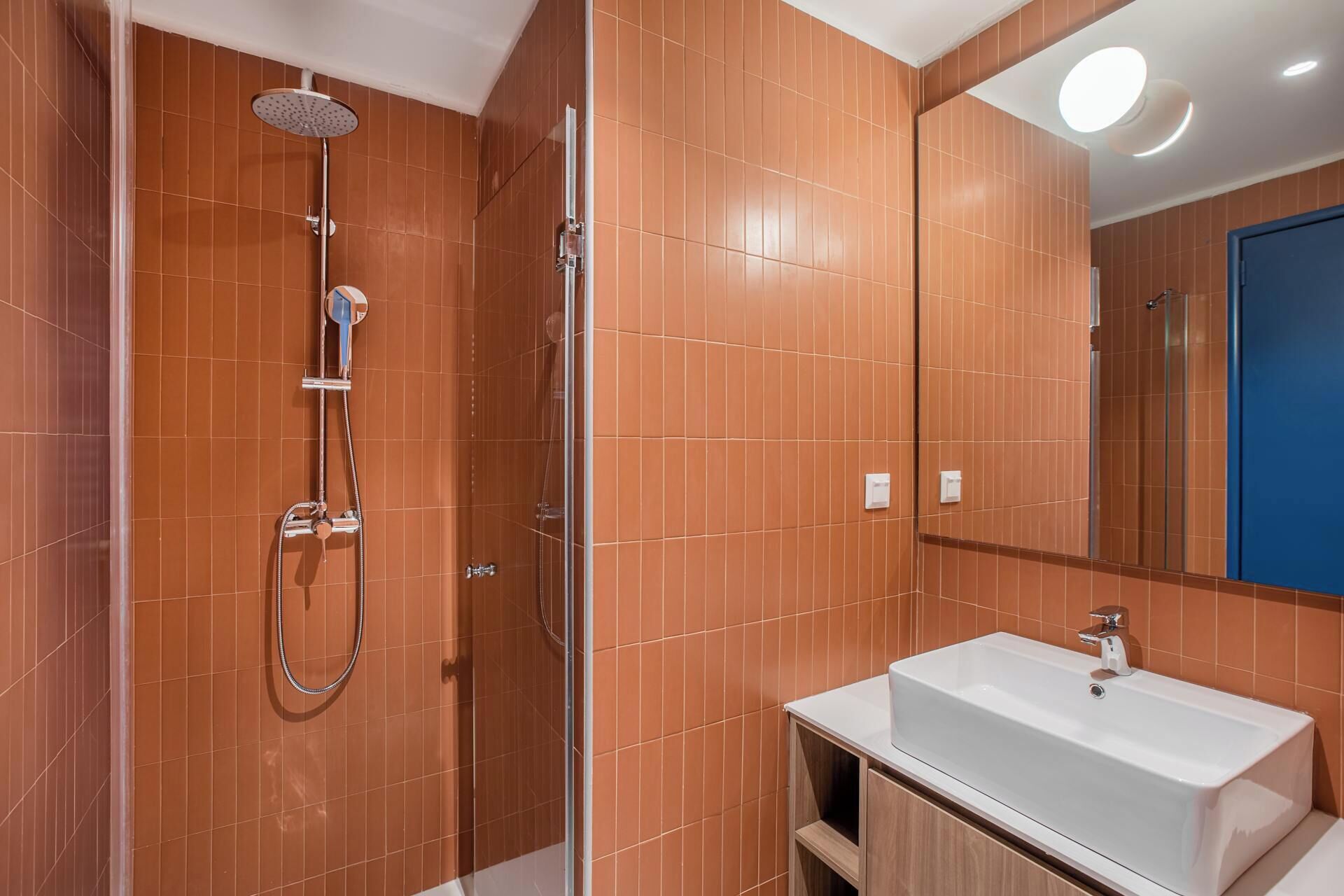 A bathroom with a shower, a sink, and a mirror.
