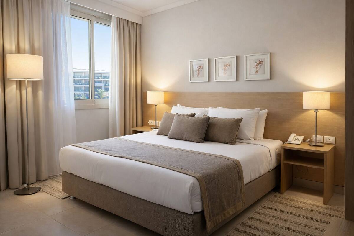A hotel room with a large bed, two bedside tables, a lamp, a phone, and a window with curtains.